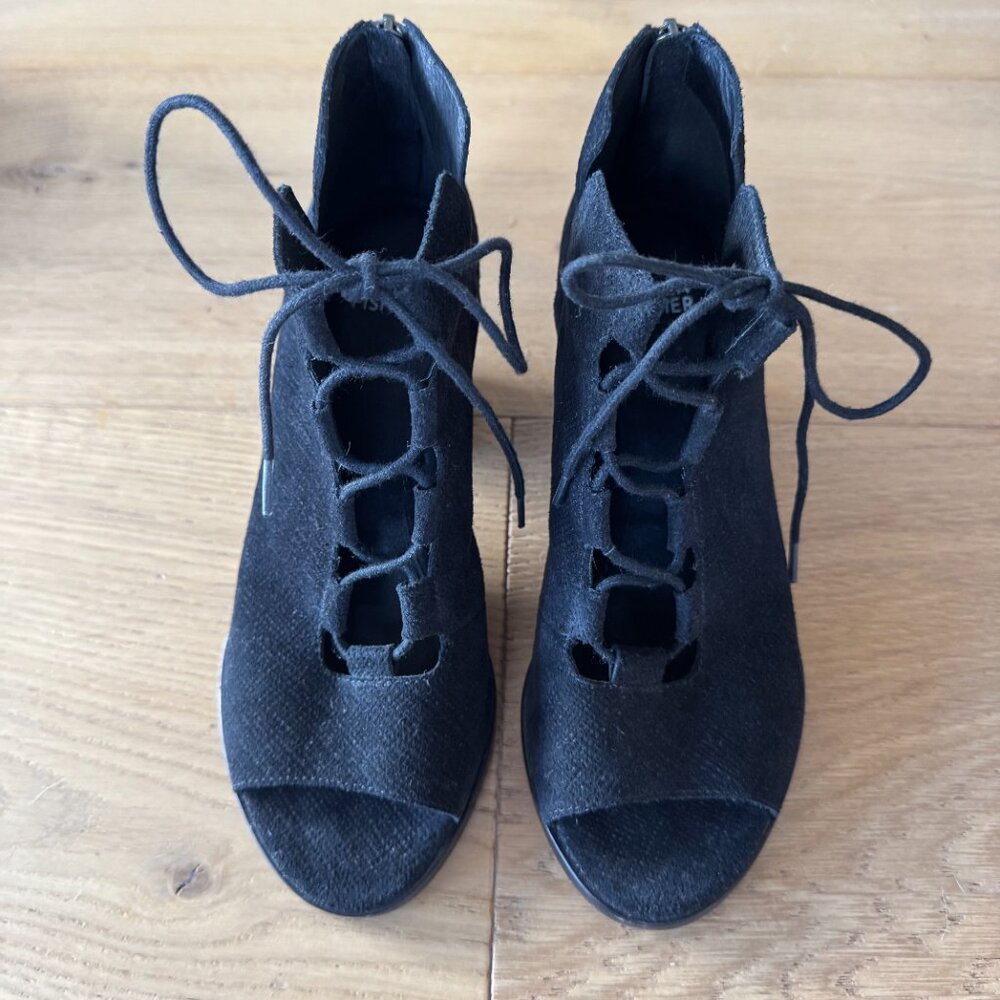 Black Suede Eileen Fisher Lace-Up Peep Toe Booties with Back Zip in size 8